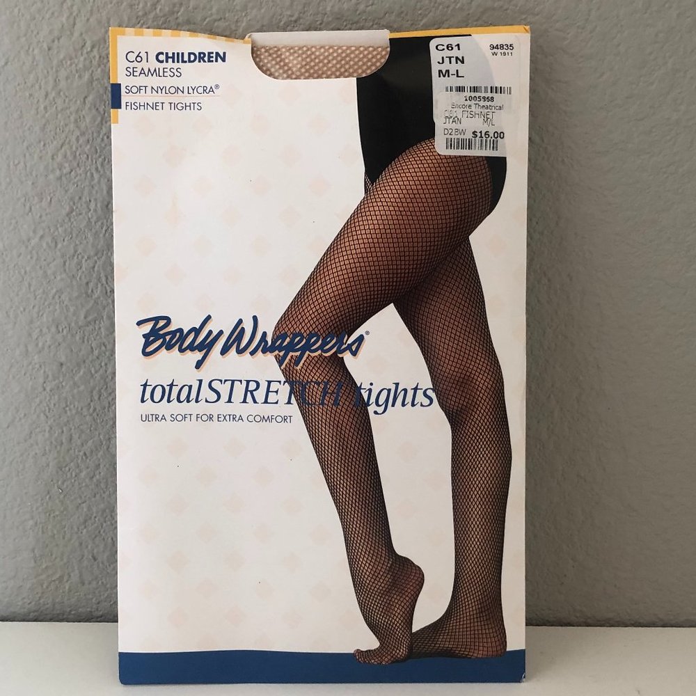 Body Wrappers Total Stretch Tights - Tan Fishnet - Size Child M/L